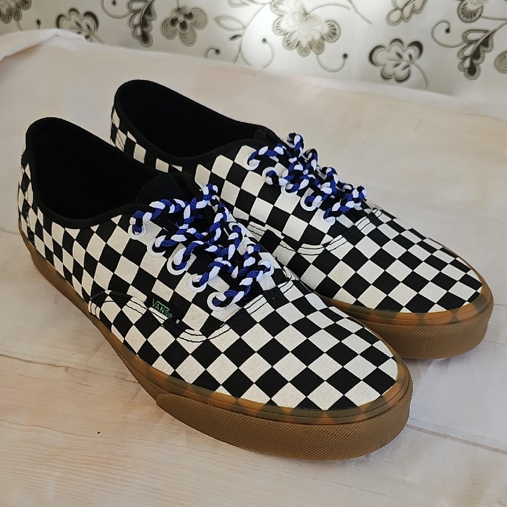 Vans Black and White Checkered Shoes with Blue Laces